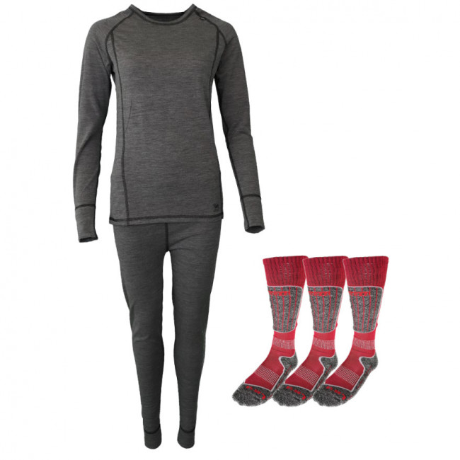 Accezzi merino skiundertøj + 3 par merino skistrømper, rød, dame Accezzi merino skiundertøj + 3 par merino skistrømper, rød, dame