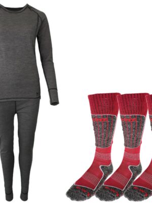 Accezzi merino skiundertøj + 3 par merino skistrømper, rød, dame