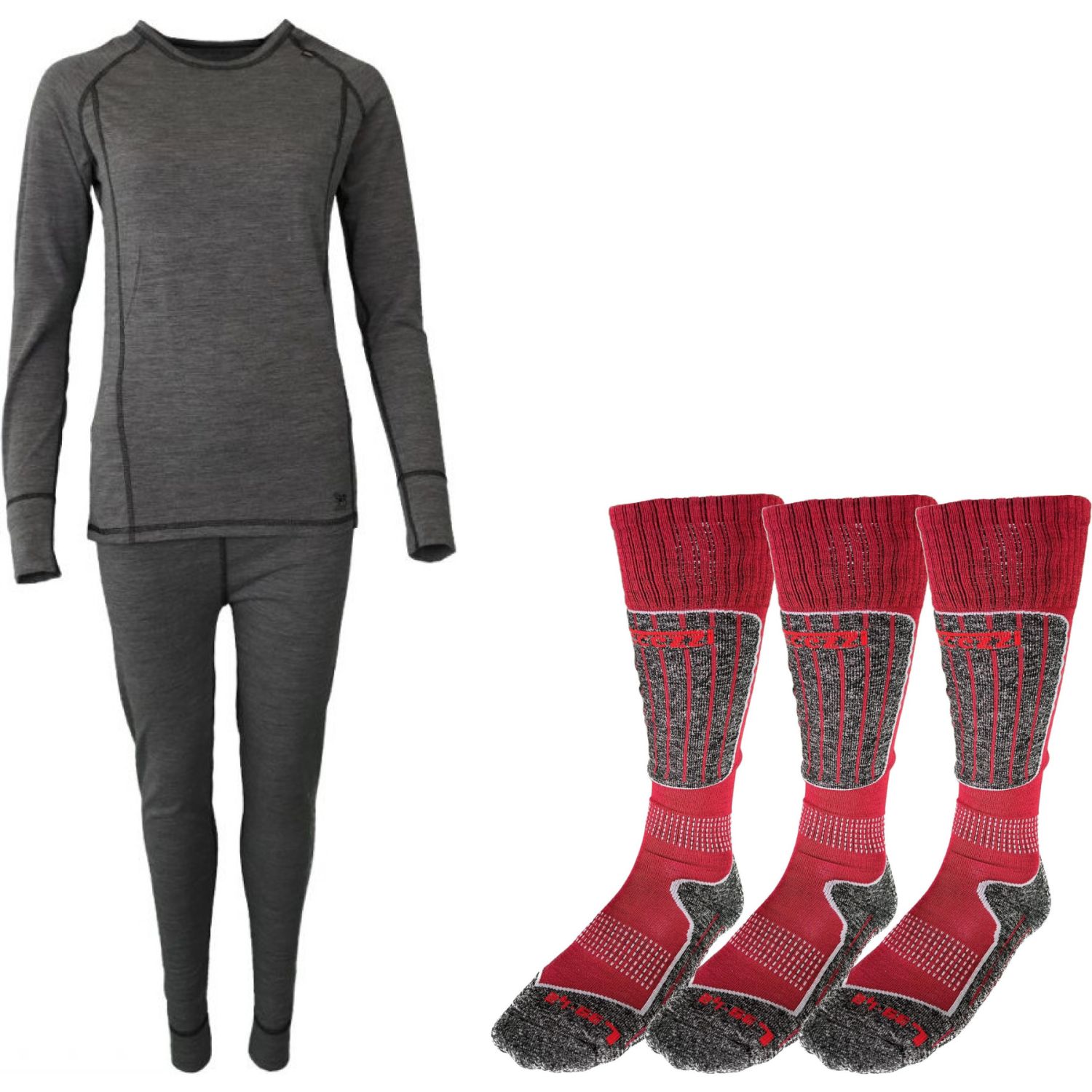 Accezzi merino skiundertøj + 3 par merino skistrømper, rød, dame Accezzi merino skiundertøj + 3 par merino skistrømper, rød, dame
